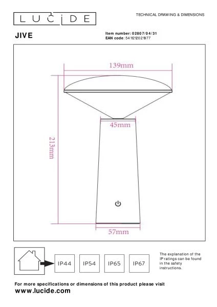 Lucide JIVE - Lámpara de mesa Recargable Dentro/Fuera - Batería/acumulador - Ø 13,7 cm - LED Regul. - CCT - 1x3W 2800K/6500K - IP44 - Blanco - técnico